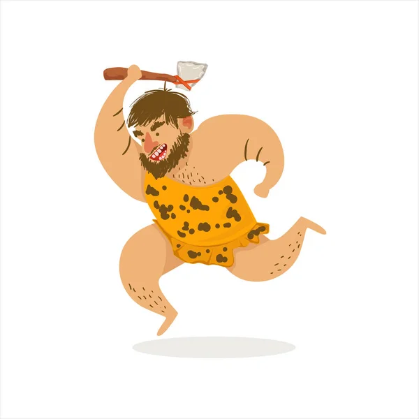 Hunter With Axe Running Cartoon Illustration Of First Homo Sapiens Troglodyte In Animal Pelt Living In Stone Age — Stock Vector