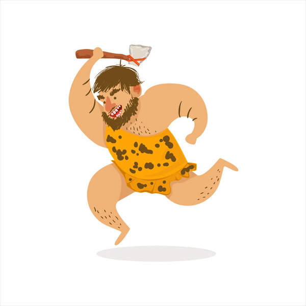 Hunter With Axe Running Cartoon Illustration Of First Homo Sapiens Troglodyte In Animal Pelt Living In Stone Age