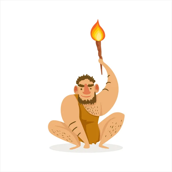 Peloso uomo accovacciato con alite torcia fumetto illustrazione di primo homo sapiens troglodyte in animale pelliccia vivere in pietra età — Vettoriale Stock