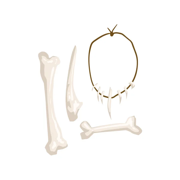 Ensemble d'outils primitifs en os Troglodyte fabriqués par l'homme et un collier avec des dents d'animaux — Image vectorielle