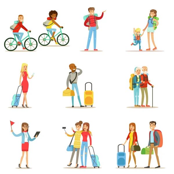 Gente feliz viajando y teniendo viajes de camping conjunto de personajes de turistas de dibujos animados planos — Vector de stock