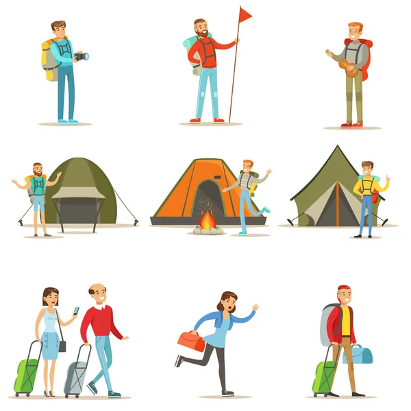 Personnes heureuses voyageant et ayant des voyages de camping ensemble de personnages de dessins animés plats — Image vectorielle