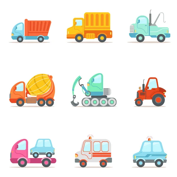 Servicio Público, Construcción y Trabajo de Carreteras Conjunto de Coloridos Iconos de dibujos animados de juguete — Vector de stock