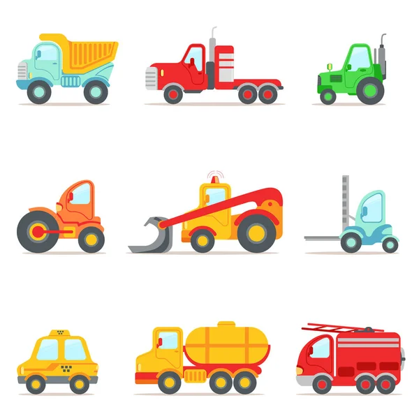 Public Service, Construction And Road Working Cars Collection Of Colorful Toy Cartoon Icons — Stock Vector