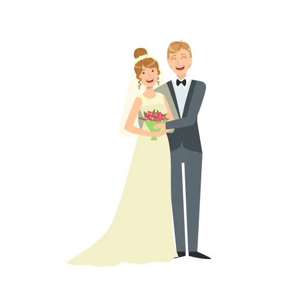 Sposa e sposo coppia di sposi in abito da sposa tradizionale e vestito che si tengono a vicenda in armi sorridente e in posa per la foto — Vettoriale Stock