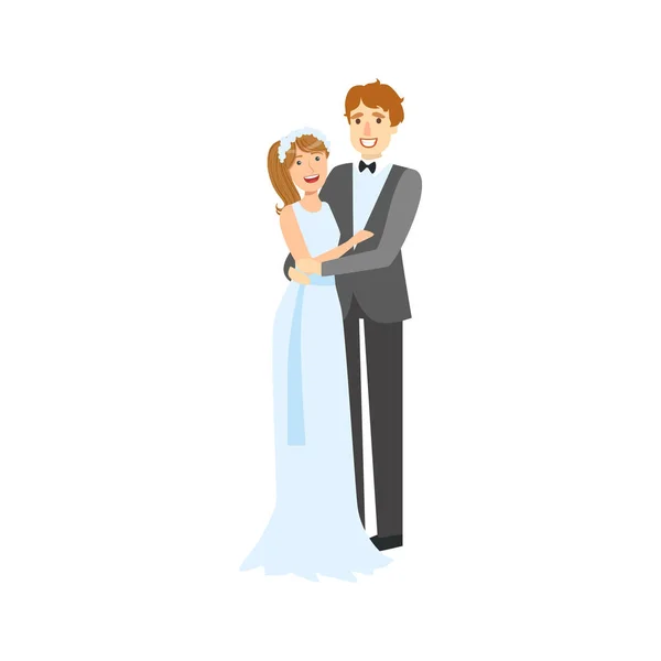 Nevěsta a ženich novomanželský pár v tradičních modré svatební šaty a oblek s úsměvem a pózuje pro fotografie — Stockový vektor