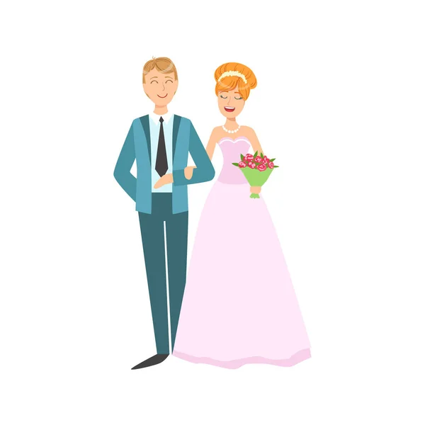 Рыжеволосая невеста и жених молодожены пара в розовом традиционное свадебное платье и костюм улыбается и позирует для фотографии — стоковый вектор