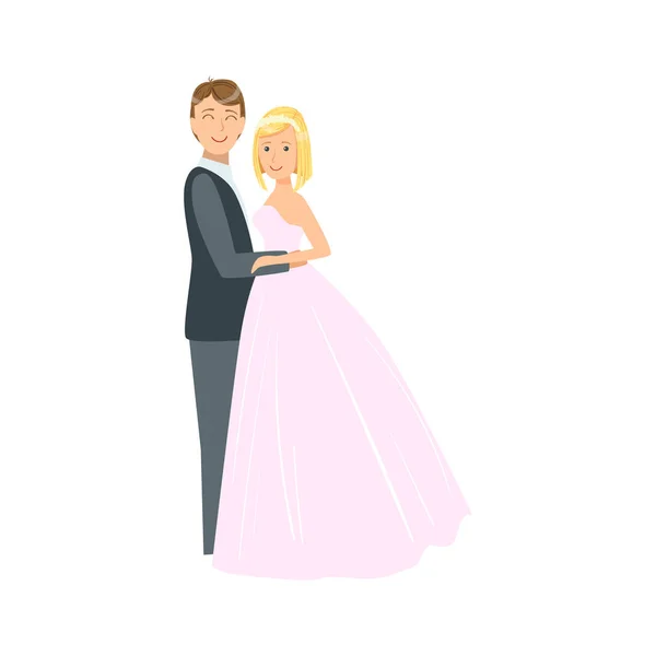 Noiva com cabelo loiro curto e noivo casal recém-casado em vestido de casamento tradicional e terno sorrindo e posando para a foto —  Vetores de Stock