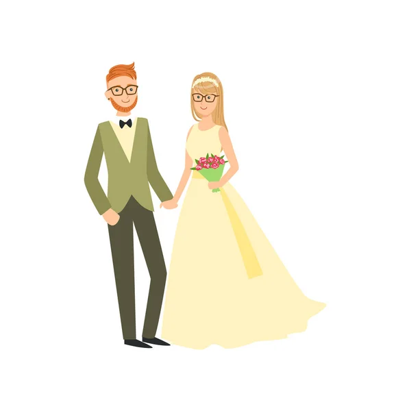 Nevěsta a ženich v brýle novomanželský pár v tradičních svatebních šatech a s úsměvem a pózuje pro fotografie — Stockový vektor