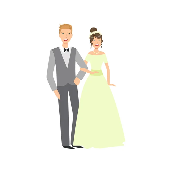 Nevěsta a ženich novomanželský pár v tradičních nazelenalé svatební šaty a oblek s úsměvem a pózuje pro fotografie — Stockový vektor