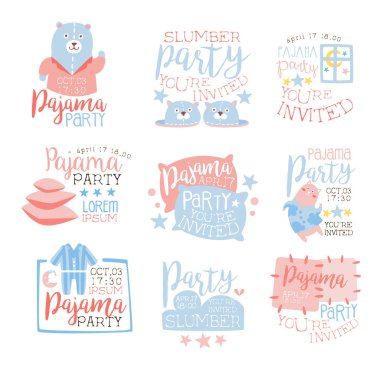 Pembe ve mavi Girly pijama partisi davetiyesi şablonları kümesi davetkar çocuklar pijama pijama gecelik pijama partisi kartları için