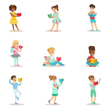 Children Who Love To Read Set Of Illustrations With Kids Enjoying Reading Books At Home And In The Library clipart