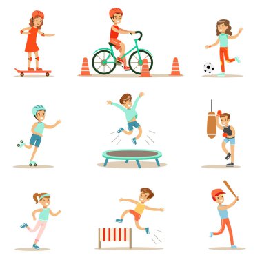Kids Practicing Different Sports And Physical Activities In Physical Education Class Gym And Outdoors. Children Playing Football, Baseball, Riding Bicycle And Boxing. clipart