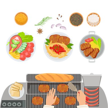 Soba, pişmiş yemekler, baharatlar ve eller aşçı pişirme ve kesim salatalık. Cafe mutfak gıda hazırlama sahne ızgara.