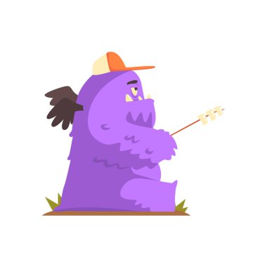 Mor tüylü dev canavar bir Stick marshmallow kızartma kanatlı, uzaylı kamp ve yürüyüş illüstrasyon karikatür