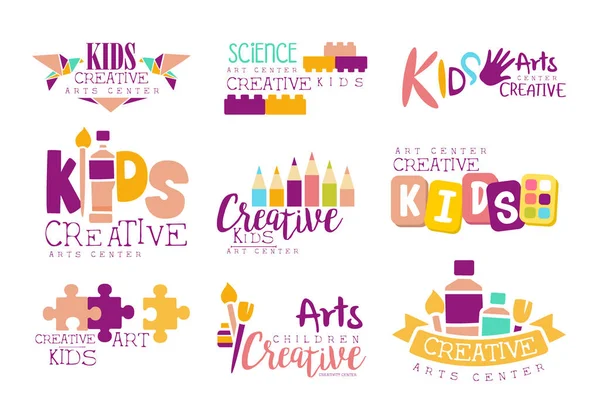 Tvořivé děti a věda třída šablony reklamní Logo Set s symboly umění a tvořivosti, malování a Origami — Stockový vektor