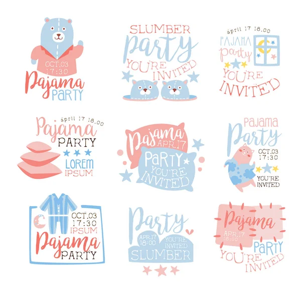 Pink And Blue Girly Pajama Party Convite Templates Set Convite Kids For The Slumber Pyjama Overnight Sleepover Cards — Vetor de Stock