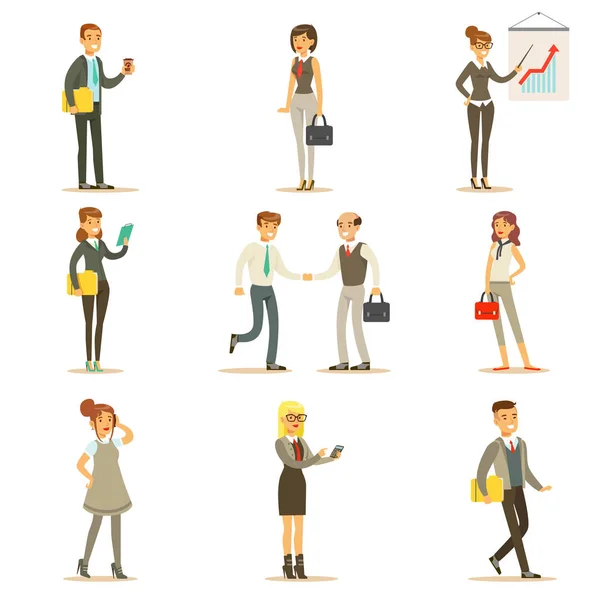 Business, Finance And Office Employees In Suits Busy At Work Set Of Cartoon Businessman And Businesswoman Characters Illustrations — Stock Vector