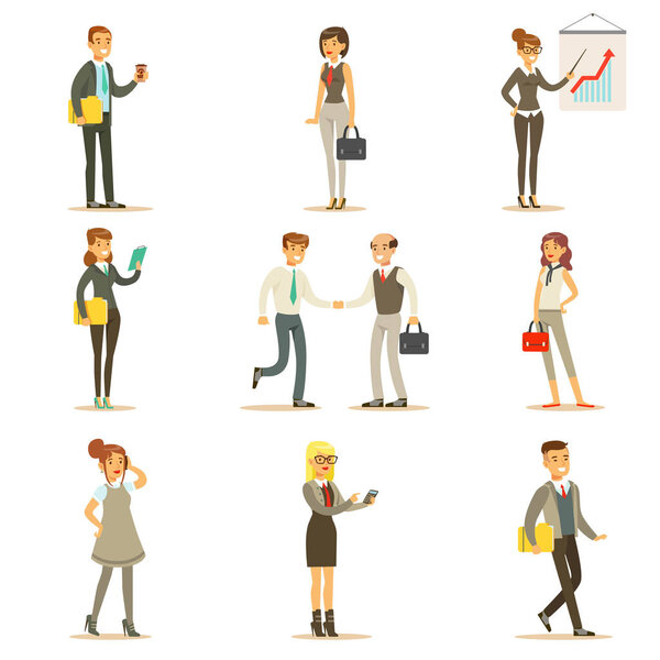 Business, Finance And Office Employees In Suits Busy At Work Set Of Cartoon Businessman And Businesswoman Characters Illustrations