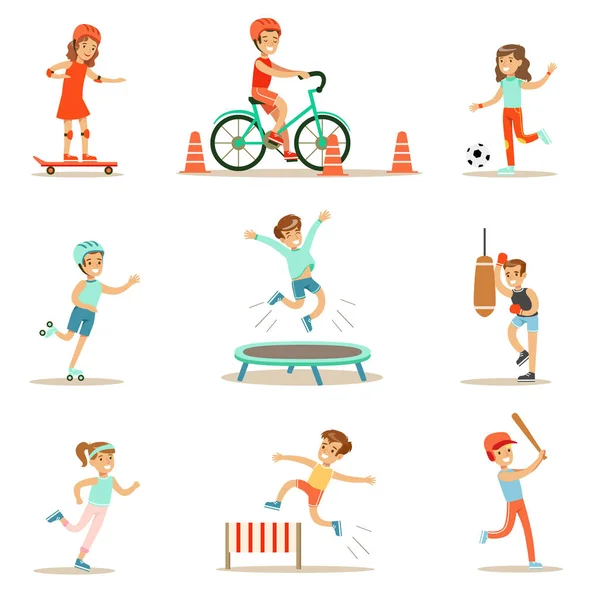 Kids Practicing Different Sports And Physical Activities In Physical Education Class Gym And Outdoors. Children Playing Football, Baseball, Riding Bicycle And Boxing. — Stock Vector