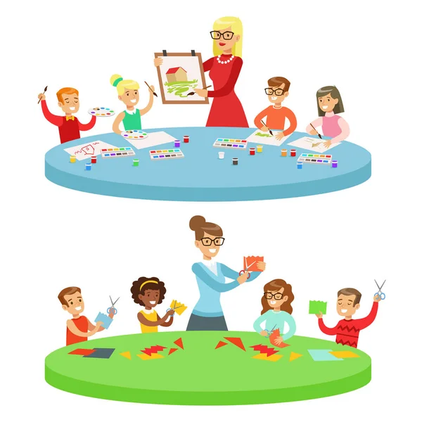 Children In Art Class Two Cartoon Illustrations With Elementary School Kids And Their Techer Crafting And Drawing In Creativity Lesson — Stock Vector