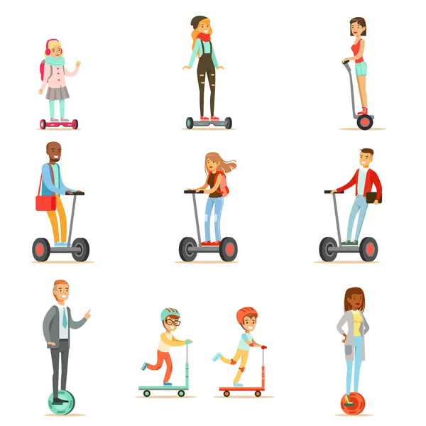 Personnes chevauchant des scooters électriques personnels autonomes alimentés par batterie avec une ou deux roues, collection de personnages de bande dessinée — Image vectorielle