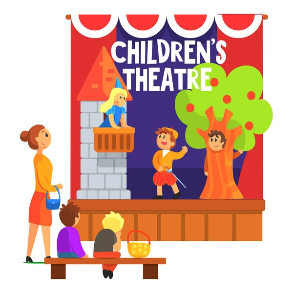 Romäo- und Juliette-Szene mit Balkon, aufgeführt von Kindern im Amateurtheater mit anderen Schülern, die mit dem Lehrer zuschauen — Stockvektor