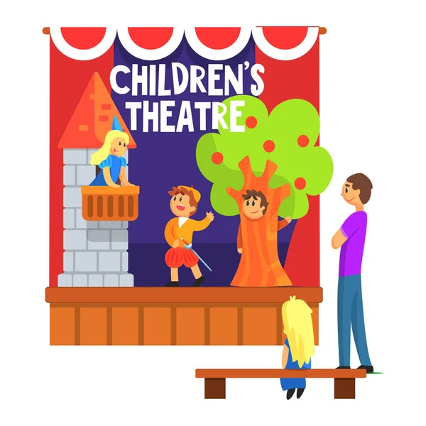 Принц рятує принцесу з вежі сцена виконується дітьми в аматорському театрі з іншими учнями дивитися з вчителем — стоковий вектор