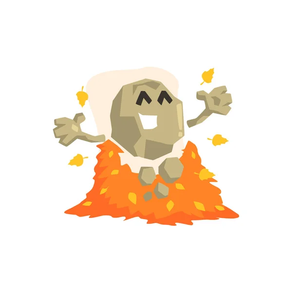 Happy Rock Golem Asteroid Monster Playing With Pile Of Shed Leaves Outdoors In Autumn Season — Stock Vector