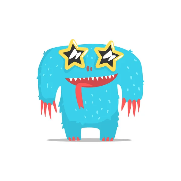 Happy Blue Furry Giant Monster In Star Shaped Dark Glasses Partying Hard As A Guest At Glamorous Posh Party Vector Illustration — Stock Vector