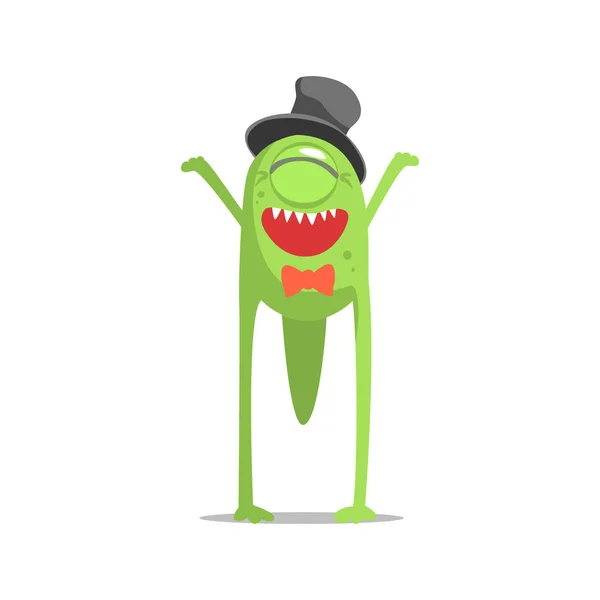 Happy Green One-Eyed Monster In Top Hat And Bow Tie Partying Hard As A Guest At Glamorous Posh Party Vector Illustration — Stock Vector