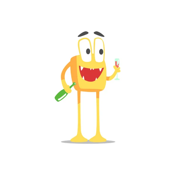 Happy Orange Square Monster With Bottle And Glass Of Wine Partying Hard As A Guest At Glamorous Posh Party Vector Illustration — Stock Vector