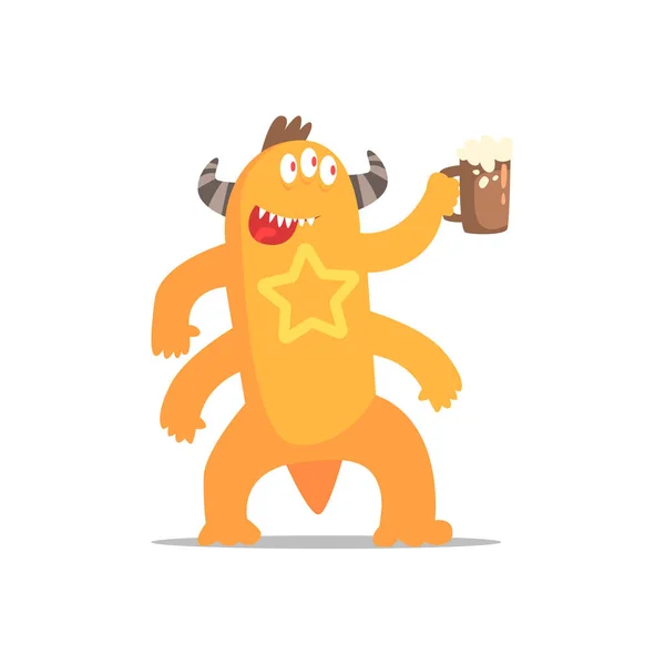 Happy Monster With Four Arms And Horns Drinking Beer Partying Hard As A Guest At Glamorous Posh Party Vector Illustration — Stock Vector