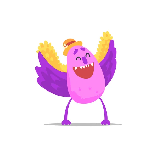 Happy Purple Monster With Wings In Straw Hat Partying Hard As A Guest At Glamorous Posh Party Vector Illustration — Stock Vector