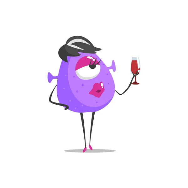 Female Violet Monster With Make Up On And A Wine Glass Partying Hard As A Guest At Glamorous Posh Party Vector Illustration — Stock Vector