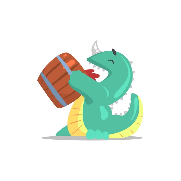 Green Dragon-Like Monster Drinking Beer From The Barrel Partying Hard As A Guest At Glamorous Posh Party Vector Illustration — Stock Vector