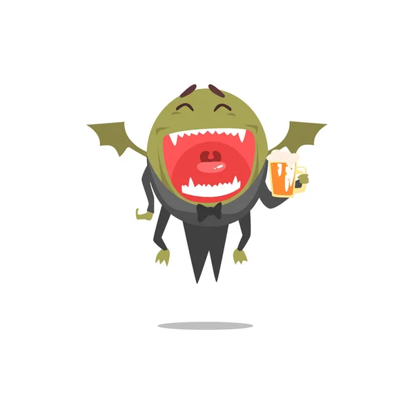 Winged Green Monster Wearing Tails Laughing And Drinking Beer Partying Hard As A Guest At Glamorous Posh Party Vector Illustration — Stock Vector