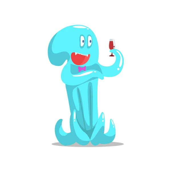 Happy Blue Octopus Monster Drinking Wine Partying Hard As A Guest At Glamorous Posh Party Vector Illustration — Stock Vector