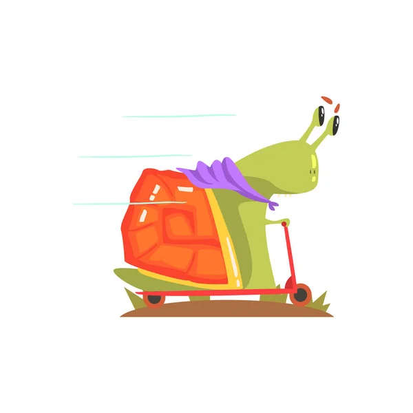 Monstro de caracol em cachecol roxo montando um Scooter, Acampar alienígena e Caminhadas ilustração dos desenhos animados — Vetor de Stock