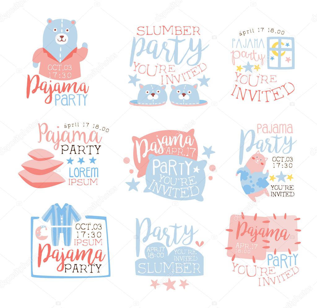 Pink And Blue Girly Pajama Party Invitation Templates Set Inviting Kids For The Slumber Pyjama Overnight Sleepover Cards. Collection Of Stencils For The Welcome Postcards With Night And Bed Symbols In