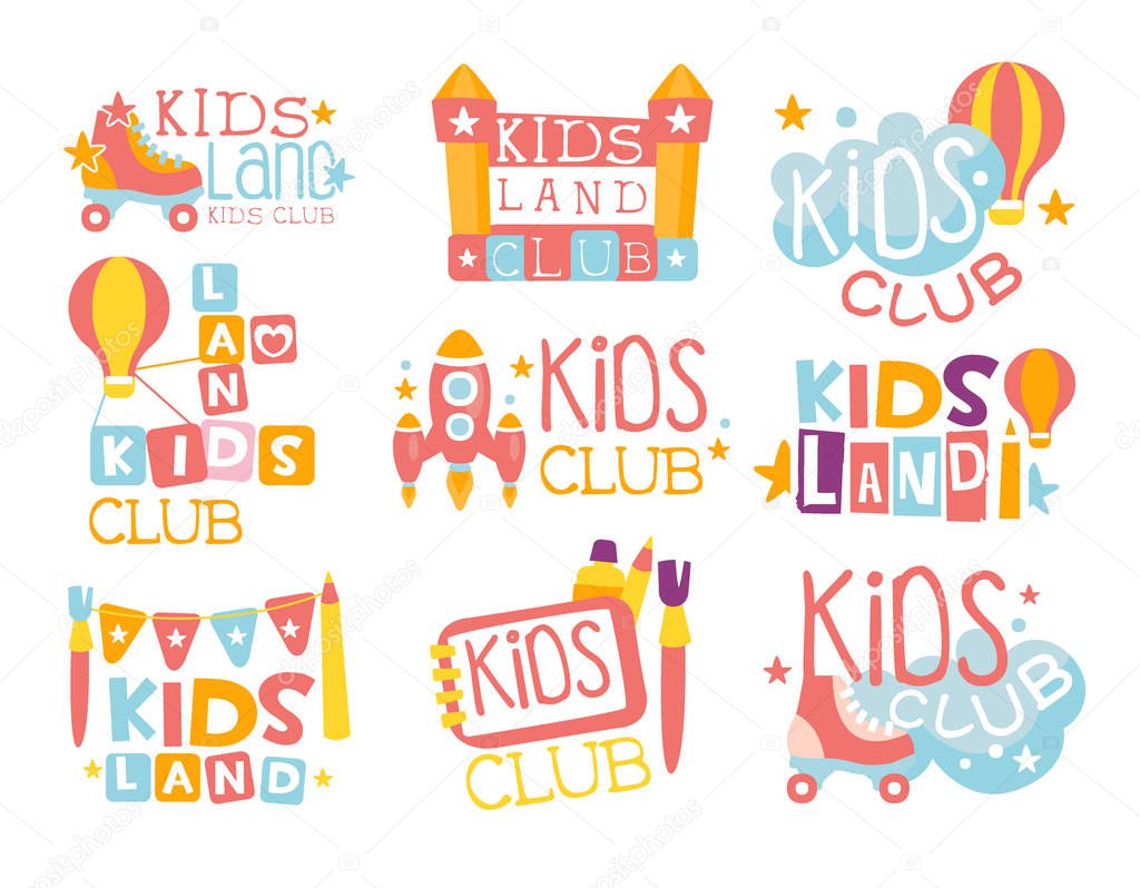 Kids Land Playground And Entertainment Club Set Of Colorful Promo Signs For The Playing Space For Children. Template Promotional Logos With Toys And Rides For The Entertaining Family Center.