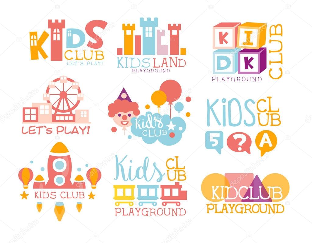 Kids Land Playground And Entertainment Club Set Of Bright Color Promo Signs For The Playing Space For Children. Template Promotional Logos With Toys And Rides For The Entertaining Family Center.