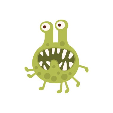 Agresif kötü huylu bakteriler canavar keskin dişleri karikatür vektör çizim ile yürüyüş yeşil