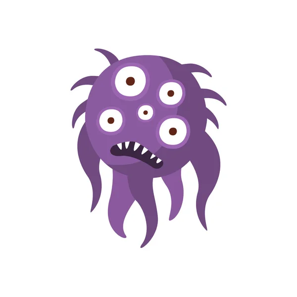Lila haarige aggressive bösartige Bakterien Monster mit scharfen Zähnen und fünf Augen Cartoon Vektor Illustration — Stockvektor