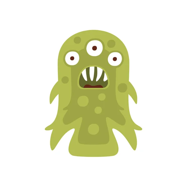 Grüne dreiäugige aggressive bösartige Bakterien Monster mit scharfen Zähnen Cartoon-Vektor-Illustration — Stockvektor