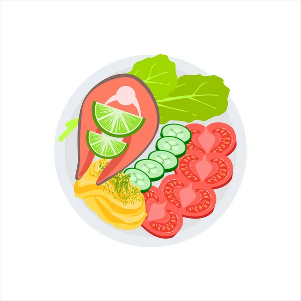 Filete a la parrilla de salmón y lado de verduras frescas y puré de papas Vector Ilustración de alimentos cocinados en la parrilla Café Menú plato — Vector de stock