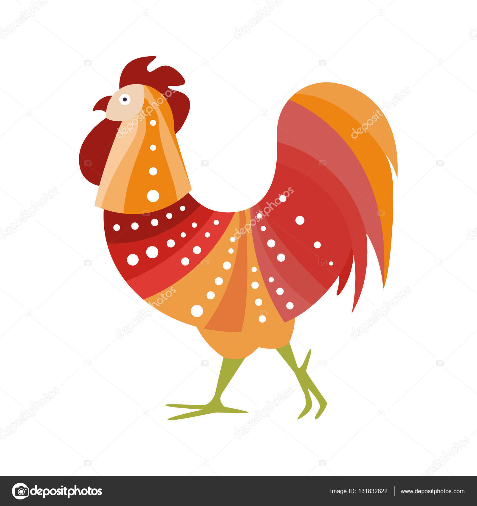Rooster Farm uccello colorato In stile moderno dei movimenti artistici riempiti con colori caldi Stripy Pattern e puntini bianchi illustrazione variopinta