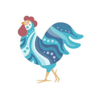 Mavi gölge dalgalı çizgili desen ve nokta renkli resimde dolu Artictic Modern tarzda horoz çiftlik kuş renkli