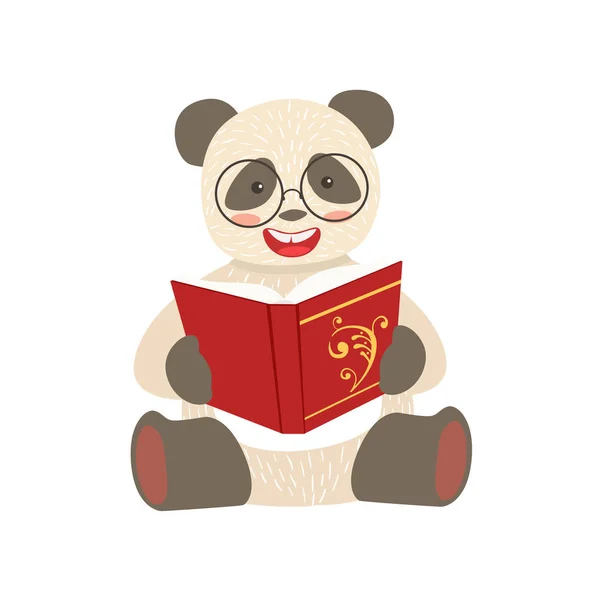 Panda lächelnd Bücherwurm Zoofigur mit Brille und Lesen eines Buches Cartoon Illustration Teil der Tiere in der Bibliothek Sammlung — Stockvektor