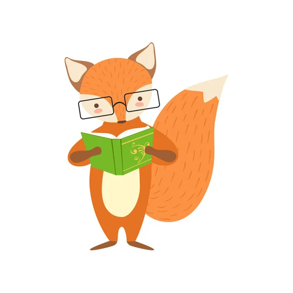 Fox sonriente Bookworm Zoo personaje con gafas y la lectura de un libro de dibujos animados ilustración parte de los animales en la colección de la biblioteca — Archivo Imágenes Vectoriales